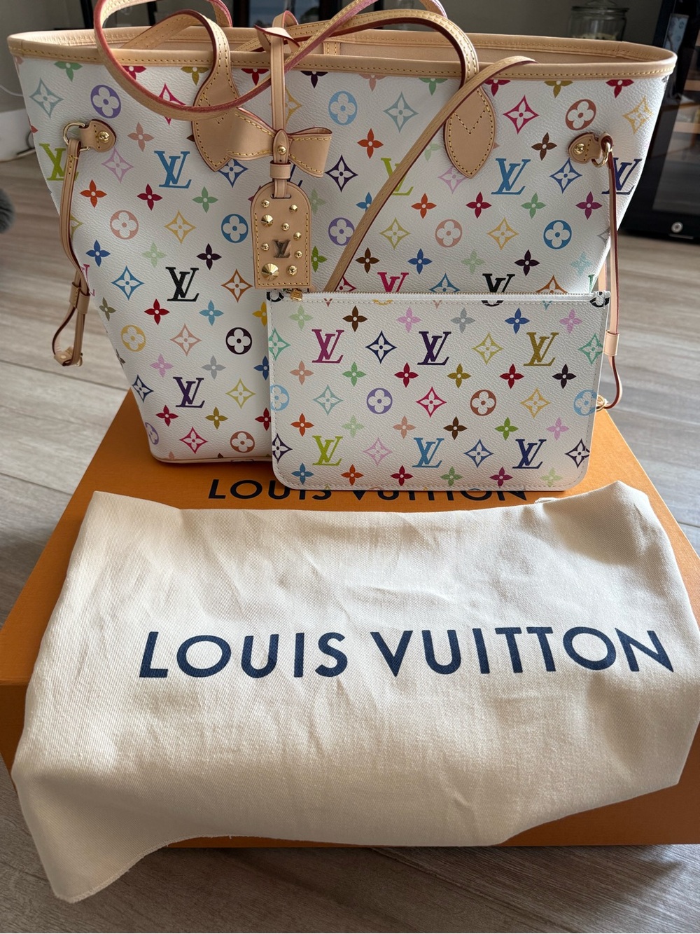 Louis Vuitton x Takashi Murakami Multicolor Monogram Canvas Neverfull Tote+Pouch